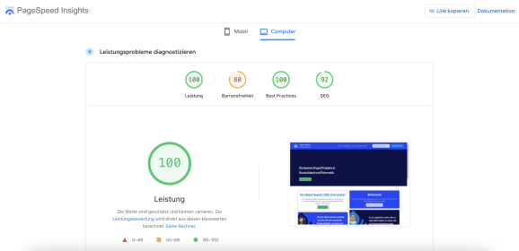 Google Lighthouse Testergebnisse mit den Parametern: Performance 100 Punkte, Accessibility 80 Punkte, Best Practices 100 Punkte und SEO 92 Punkte.