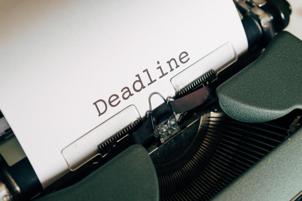 Image shows a typewriter with a paper attached stating the word Deadline